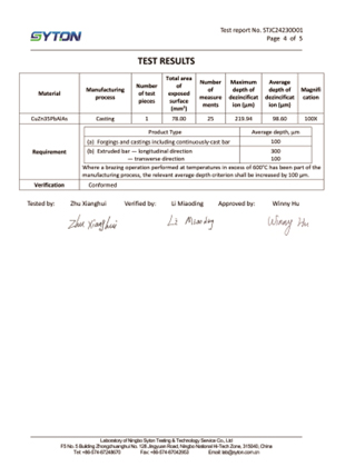 Lead-free DZR Copper Dezincification Resistance Certificate